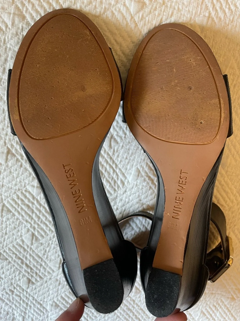 Nine West black ankle strap wedge sandal with gold buckle detail size 8.5